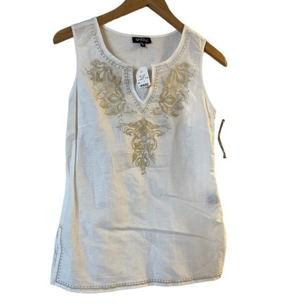 NWT Unique Spectrum Embroidered Sleeveless Linen Cotton Tank Tunic Blouse